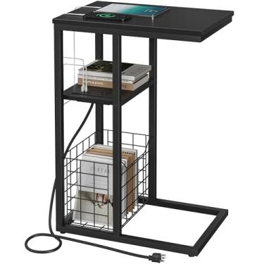 Imagem de Vagusicc Mesa de canto em forma de C com estação de carregamento, mesa lateral para sofá, mesa lateral pequena para espaços pequenos, mesa de sofá de 71 cm de altura para café, bandeja de TV para sala