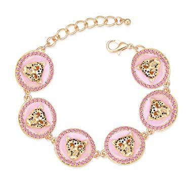 Imagem de OSCCI Pulseira feminina colorida esmaltada com cabeça de leopardo, hip hop, corrente ligada a ouro, pantera, coquetel, bijuteria de clube, One Size, Zinco, Strass