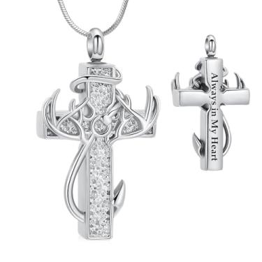 Imagem de shajwo Colar de urna com cruz para cinzas humanas para mulheres, homens, anzol, chifres de peixe, cervo, joia de cremação, pingente de lembrança de cinzas, Aço inoxidável, Sem Pedra Preciosa