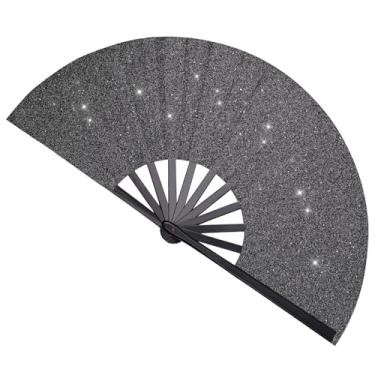 Imagem de JXXHXJG Grande ventilador dobrável de glíter, botas no chão ventilador de mão brilhante ventilador de clack para dança de linha ventilador portátil para roupas rave acessórios festival decoração de