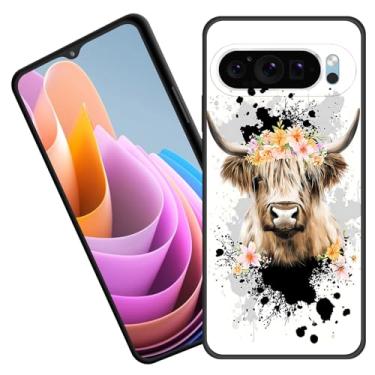 Imagem de BFUKVOU Capa protetora para Pixel 10 Pro XL, borracha de silicone macio premium para Google Pixel 10 Pro XL 6,8 polegadas 2025, vaca Highland com coroa de flores