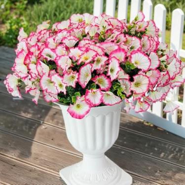 Imagem de Aisamco Flores de seda artificial para decoração ao ar livre, 12 pacotes de flores falsas, glória da manhã colorida com eucalipto, plantas falsas, vegetação, resistente a UV, para plantador de porta