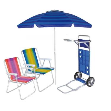 Imagem de Kit Praia Carrinho Com Avanço + 2 Cadeira Alta Aluminio + Guarda Sol 2,4m - Mor