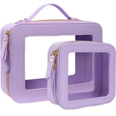 Imagem de Bolsa de maquiagem transparente para viagem, bolsa de cosméticos roxa 