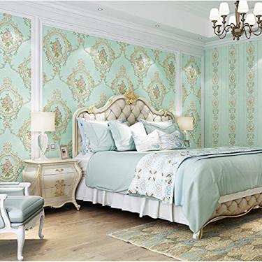 Imagem de Papel de parede autoadesivo não tecido estilo europeu simples 3D em relevo adamascado versão AB papel de parede sala de estar quarto cabeceira tv parede de fundo 20 polegadas L x 236,22 C destaque e cole (azul claro A)