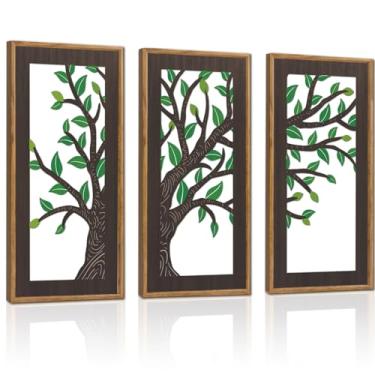 Imagem de KAIRNE Arte de parede emoldurada com ramo de árvore de madeira (conjunto de 3, 40,6 cm x 20,3 cm), decoração de arte oca abstrata árvore da vida, folhas verdes de bétula rústica, decoração de madeira