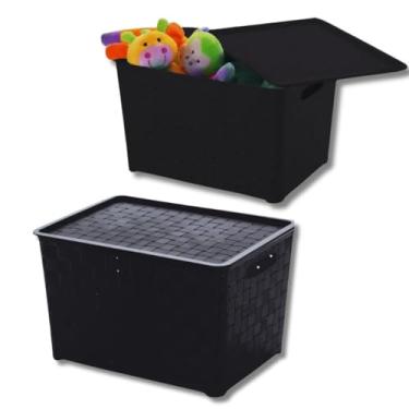Imagem de 2 Caixas Organizadoras Multiuso para brinquedos, utensílios, mantimentos, material escolar | Cesto Com Tampa 22 Litros Multiuso 38 cm x 29 cm x 24 cm Cor Preta