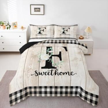 Imagem de Erosebridal Conjunto de cama com alfabeto de flores, letra F, tamanho solteiro, rústico, bege, porta de celeiro, para crianças, meninos, meninas, mulheres, fazenda, primavera, jardim, enchimento de