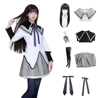 Imagem de Juejuezi Vestido feminino Madoka Magica cosplay uniforme homuras Akemi Outfit Magi fantasia saia plissada com meias Halloween, Cinza - A, Small