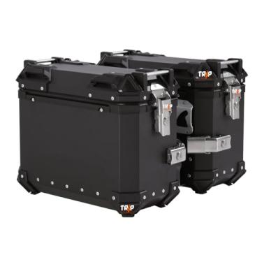 Imagem de Kit 2 Baús Laterais Moto 38L Alumínio Chapa Lisa com Suporte Universal Impermeável, Reforçado, com Trava de Segurança e Forro Interno PU Par Alforjes Alumínio Preto ou Prata Adaptável Bauletos (Preto)