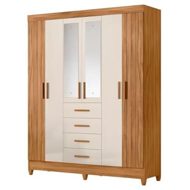 Imagem de Guarda Roupa Solteiro Aruba com 6 Portas e 4 Gavetas, Espelho e Dobradiças Metálicas - Moval Freijó/Off White