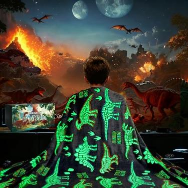 Imagem de Cobertor de dinossauro que brilha no escuro, cobertor de dinossauro para meninos e meninas, macio, quente, fofo, dinossauros, brinquedos, presentes para idades de 1 a 16 anos, aniversário, Natal