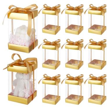 Imagem de BENECREAT Caixa de presente de plástico transparente com tampa de papel dourada, caixas de embalagem de presente retangulares com fita de poliéster para aniversários, casamentos e Natal, 8 x 8 x 14,5