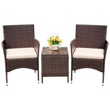 Imagem de Conjunto de Móveis de Varanda Devoko 3 Peças de Vime de PE com Cadeiras e Mesa para Área Externa - Marrom/Bege