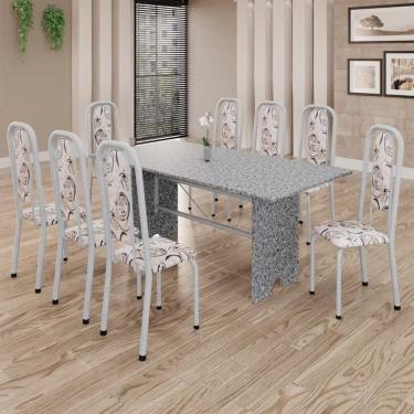 Imagem de Conjunto De Mesa Tubular 8 Cadeiras 180x75cm Mart Perola Com Tampo Em Granito Ocre Letícia 071 - Tudo De Móveis Preto Floral