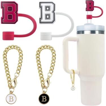 Imagem de 4 peças de acessório de garrafa de água com letras fofas compatíveis com copos Stanley, tampa de cobertura de canudo à prova de poeira de silicone, pingente de chaveiro de copo personalizado