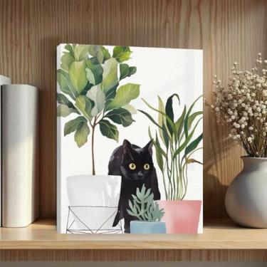 Imagem de Arte de parede emoldurada botânica de gato fofo, folhas verdes, plantas, boho, arte de parede, pinturas, decoração de parede, presentes exclusivos e amantes de gatos, imagem para sala de jantar, sala