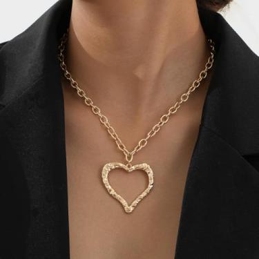 Imagem de Colar feminino grosso com coração grande, corrente grossa ajustável Y2K, gargantilha de amor, pingente de coração exagerado, Medium, Latão, Sem Pedra Preciosa