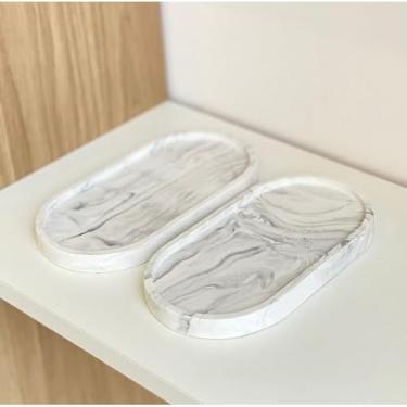 Imagem de Conjunto 2 peças Bandejas Ovais de cimento branco artesanal resistente à água. (2 Peças Efeito Mármore BP)