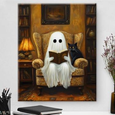 Imagem de Impressão de arte de parede em tela de gato fantasma fantasma assustador escuro Academia fantasma pintura gótica decorações de parede para casa, sala de estar, sala de leitura, decoração de Halloween