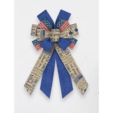 Imagem de Grande coroa de flores da Força Aérea dos EUA laço patriótico de linho laço de fita militar azul de serapilheira para guirlanda de porta da frente da força aérea arco para decoração de festa de