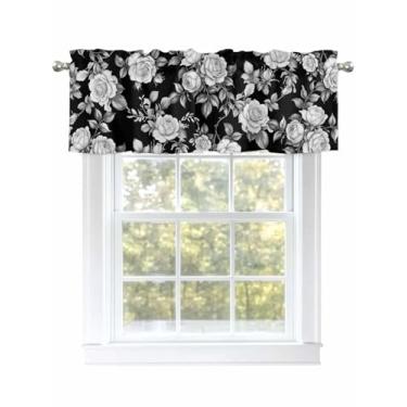 Imagem de Cortinas de saia rosa floral preta para janelas vintage textura folha de cozinha para janelas de sala de estar/banheiro, cortina de café com bolso de haste. 1 painel, 137 cm × 45 cm