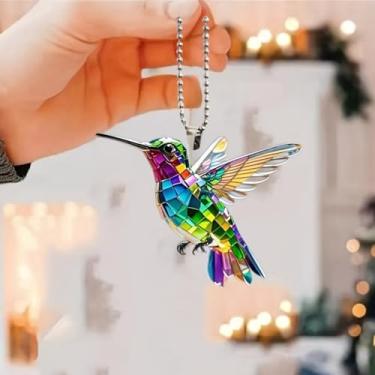 Imagem de Ornamento para pendurar beija-flor de acrílico vibrante – padrão de mosaico colorido, ideal para espelhos de carro, chaveiros, mochilas – Presente perfeito para decoração de casa e pássaros