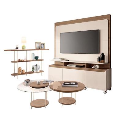 Imagem de Estante Home Theater Quantum Off White Castanho E Aparador Infinity E Kit Mesa De Centro Sky Castanho- Hb Móveis
