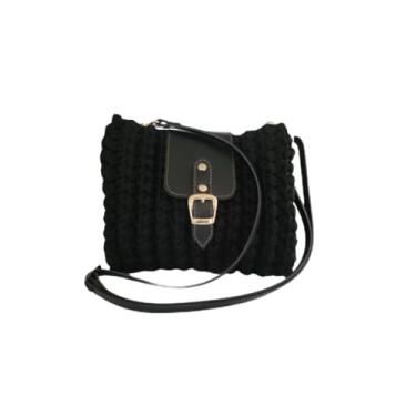 Imagem de Bolsa Feminina de Crochê com aba em Couro sintético, Preta, Alça Transversal, Fecho Dourado, Estilo Casual