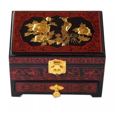 Imagem de Caixa de joias pintada à mão com trava de gavetas, espelho, armazenamento de joias de madeira estilo chinês de 3 camadas com antigo, presente de casamento (preto (peônia fenghuangxi), C 21 x L 14 x A