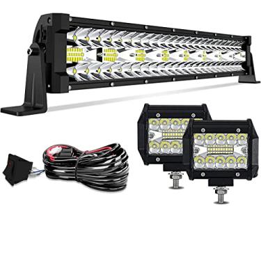 Imagem de Barra de luz de LED de 55 cm 450 W barra de luz de feixe combo de feixe de linha tripla + 2 peças de 10 cm 60 W luzes de neblina com interruptor basculante de fiação para caminhões Jeep, quadriciclos e barcos UTV