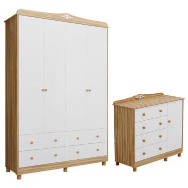 Imagem de Jogo De Quarto Infantil Elô Guarda Roupa E Cômoda Branco Brilho/amêndoa - Móveis Peroba