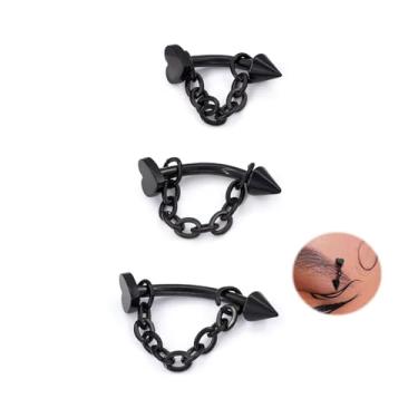 Imagem de ALACLO 3 peças de aço inoxidável 316L 16G Tragus Helix Rook Piercing Joia com corrente, brincos de cartilagem para mulheres, anel de umbigo vertical labret piercing labial joia cone coração top (preto