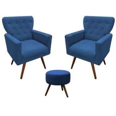 Imagem de Kit 2 Poltronas Decorativa Aurora + 1 Puff Redondo Suede Azul Marinho 
