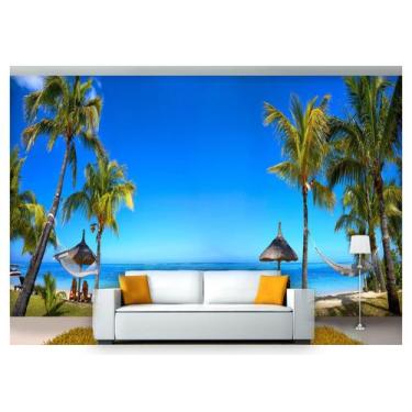 Imagem de Papel De Parede Praia Mar Coqueiros Redes 3D  Npr202 - Você Decora