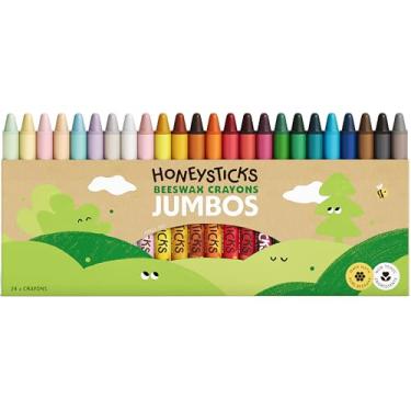Imagem de Honeysticks Giz de cera jumbo (pacote com 24) - giz de cera de abelha não tóxico para crianças - 100% cera de abelha pura e cores de grau alimentício - 24 cores brilhantes - giz de cera grande, fácil