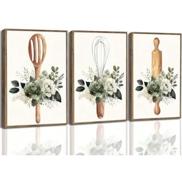 Imagem de 3 peças emolduradas verde sálvia fazenda cozinha tela arte de parede minimalista sala de jantar plantas flores pintura quadros decoração de parede pôster impressão arte para sala de jantar cozinha