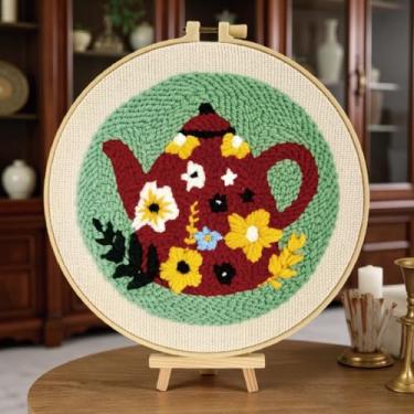 Imagem de TINKAZ Kit de agulhas vintage de bule de chá para iniciantes, conjunto de bordado faça você mesmo com fio, tecido e ferramentas, kit de artesanato artesanal para decoração de casa e presente