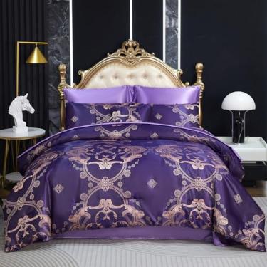 Imagem de Jogo de cama queen roxo de cetim, jacquard, 8 peças, bordado, neoclássico, floral, elegante, decoração de casa, edredom macio, cama sedosa de hotel de luxo em uma bolsa com 1 capa de almofada