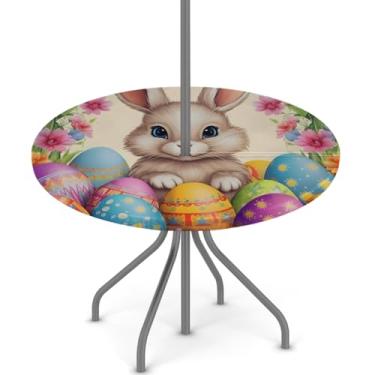 Imagem de hongjinglin Toalha de mesa de Páscoa para uso ao ar livre com orifício para guarda-chuva, toalha de mesa redonda elástica com zíper, impermeável, limpável, para piquenique, festa, pátio, serve para