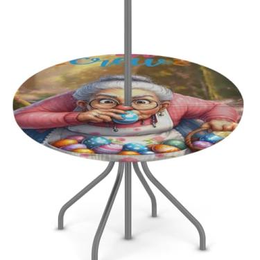 Imagem de hongjinglin Toalha de mesa de Páscoa para uso ao ar livre com orifício para guarda-chuva, toalha de mesa redonda elástica com zíper, impermeável, limpável, para piquenique, festa, pátio, serve para