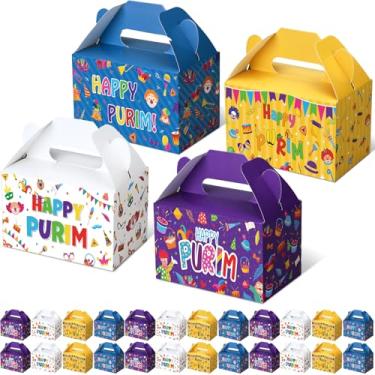Imagem de Sinload 24 caixas de presente Purim a granel 4 caixas de presente com estampa multicolorida Happy Purim para biscoitos Hamantashen Snacks 14 cm x 9 cm x 9 cm Sacos de presente fáceis de montar para