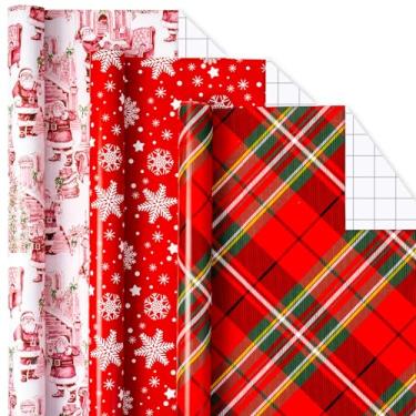 Imagem de MAYPLUSS Rolos de papel de embrulho de Natal - 43 x 304 cm por rolo - Papel de presente de Natal clássico vintage Funky Red Papai Noel, flocos de neve e xadrez padrão de presente de Natal para festas