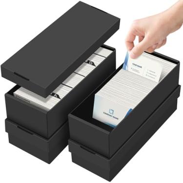 Imagem de QLOUNI Pacote com 4 porta-cartões de visita, caixas de armazenamento onduladas pretas com tampas, comporta até 3200 cartões de visita, organizador de mesa de 3 camadas para cartões de índice, fotos e