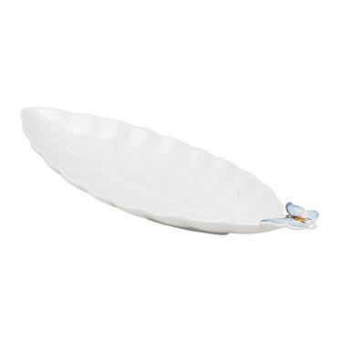Imagem de Travessa de Porcelana Branca C/Formato Folha Borboletas 37x13,5cm Wolff