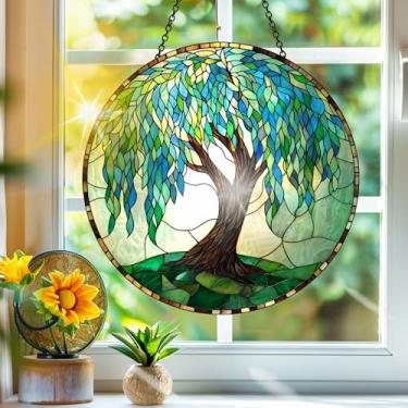 Imagem de Acrílico colorido, apanhador de sol, árvore da vida, decoração de janela pendurada, arte de parede de arco-íris, para quarto, varanda, interior, exterior, jardim, enfeites de Natal, decoração 19 x 19