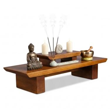 Imagem de Vesoda Mesa de meditação para altar – Mesa de Puja feita à mão de 53 cm x 15 cm – Pequena mesa alteradora para relaxamento, oração – Mesa de meditação do santuário do Buda feita de madeira sólida e rica de manga
