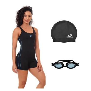 Imagem de Kit Maiô Macaquinho Helanca Feminino com Óculos Proteção Uv e Touca Silicone Grande (Preto/Turquesa - Touca Preta, GG)