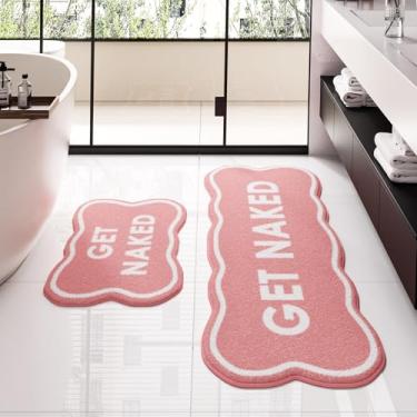 Imagem de BSSN Get Naked Tapete de Banheiro Conjunto de 2 Tapetes de Banheiro Antiderrapantes Absorventes, Lindo Tapete Longo Recortado para Banheiro Chão e Banheira de Chuveiro, Decoração Divertida para