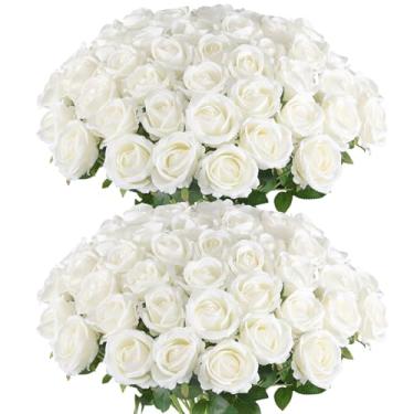Imagem de Hananona 50 peças de rosas artificiais para arranjo de flores, buquê de rosa branca de seda para decoração de casa, rosas falsas para festas de dia de Valntina e decoração de casamento (50, branco)